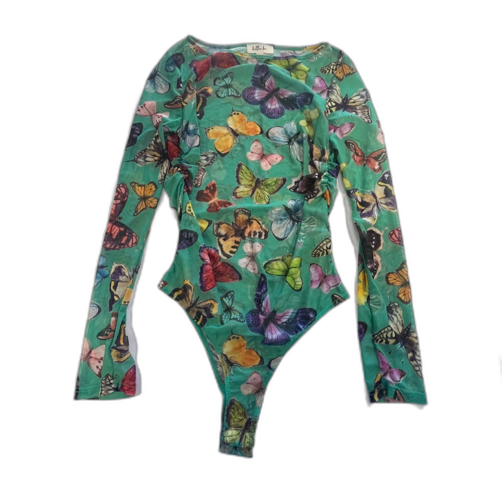 Better Be Sheer Teal Butterfly Mesh Bodysuit Women's Size L Y2K Rave